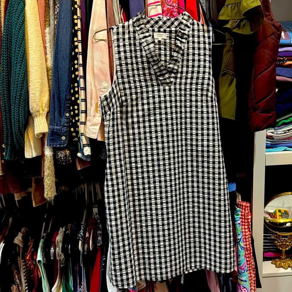 Crown & Ivy Navy Gingham Sleeveless Ruffle Collar Dress Size 2 - Picture 1 of 7